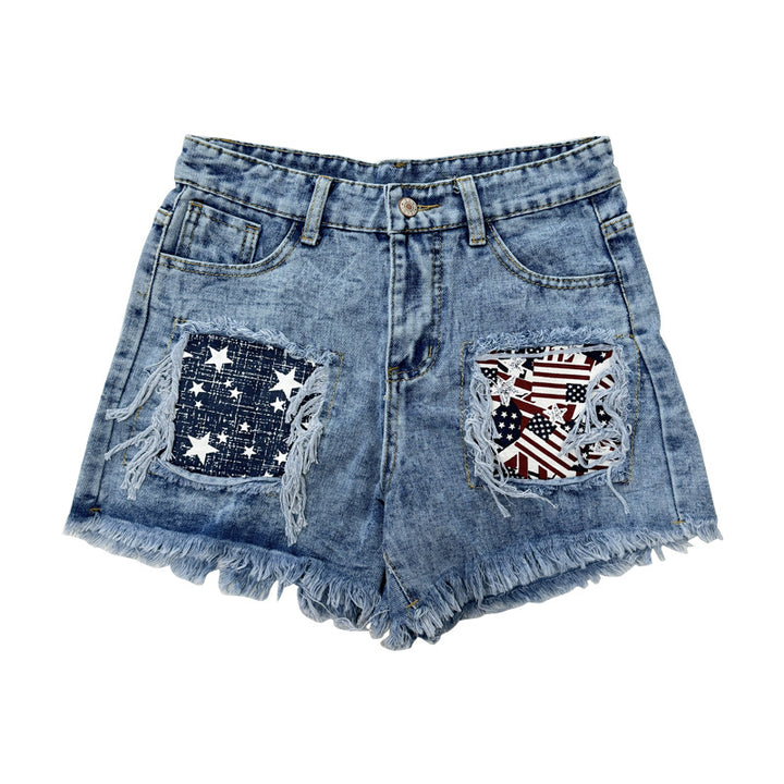 Dame Destroyed Denim Shorts med frynsete lommer og stilige applikasjoner Skjora