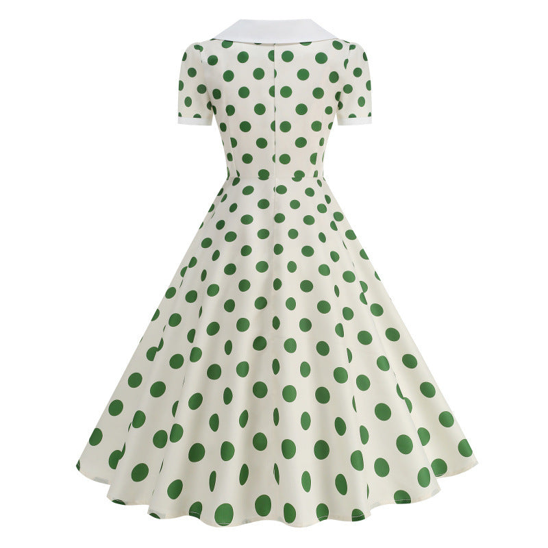 Dame Retro Maxikjole med Krage og Dots Skjora