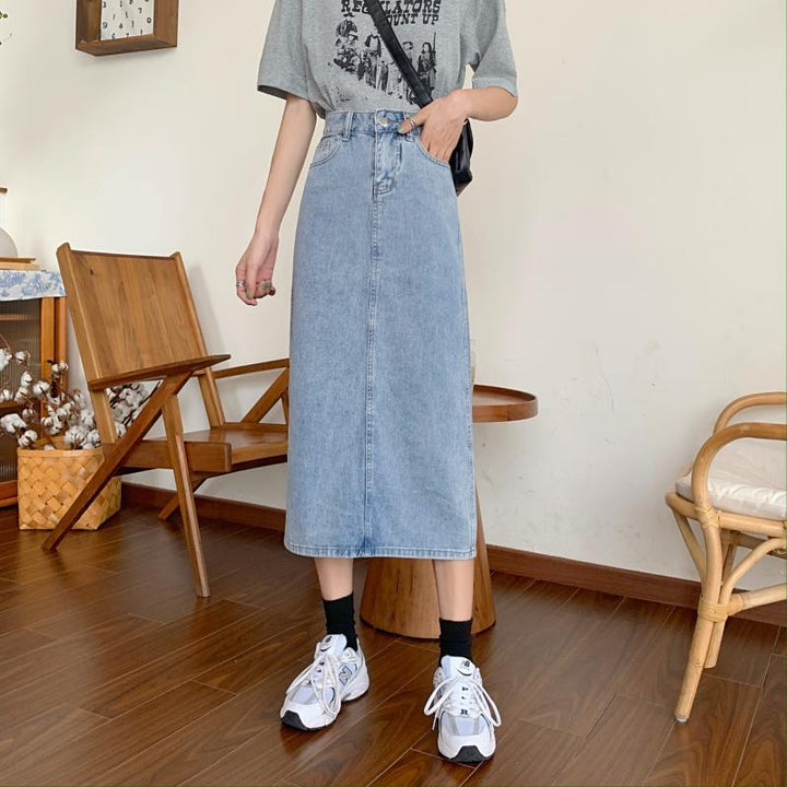 Dame Lang Denim Skjørt med Chic Splitt Skjora