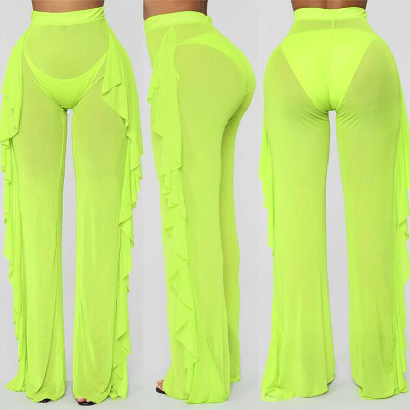 Damen transparente Strandhose mit asymmetrischem Rüschenbesatz Skjora
