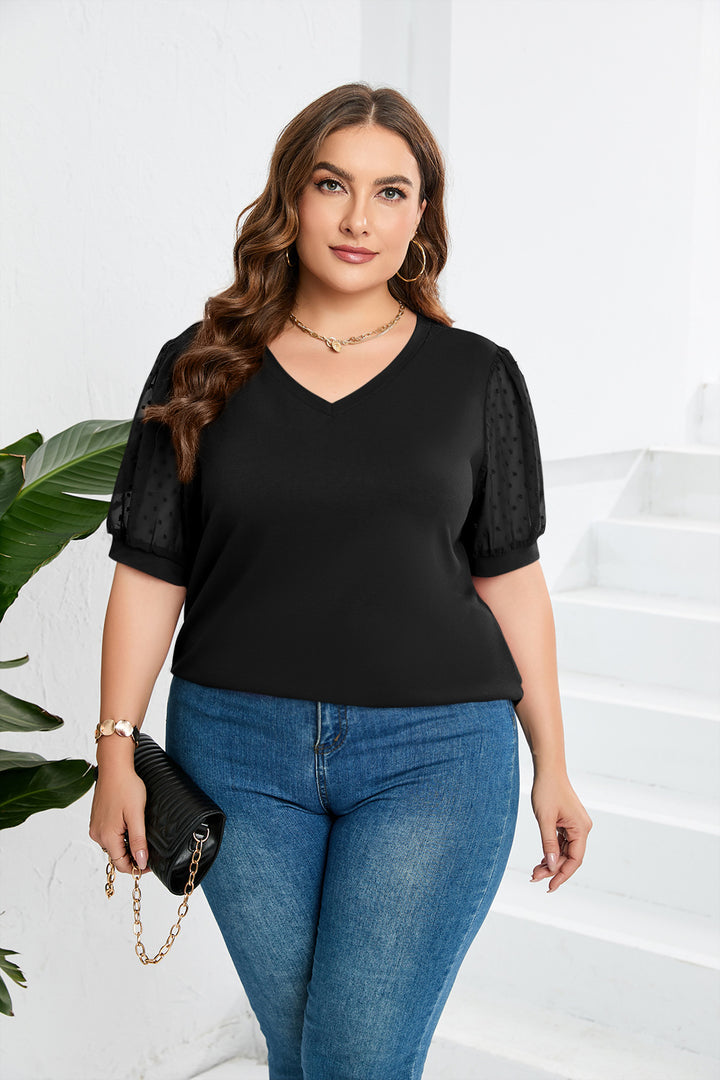 Dame elegant bluse skjorte med transparente puff ermer og V-hals Skjora