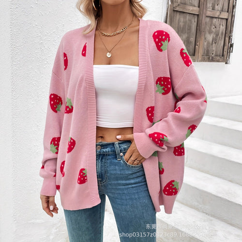 Dame cardigan med jordbærmønster Skjora