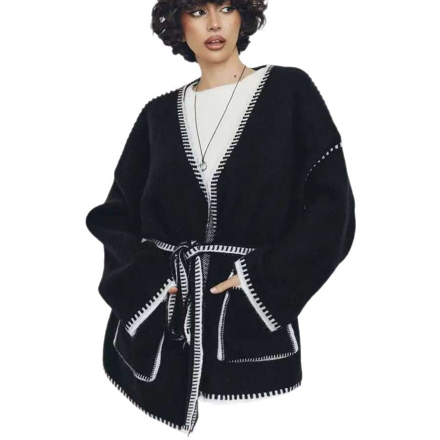 Damer Fashionable Strikket Cardigan med Midjebelte og Original Lomme-design Skjora