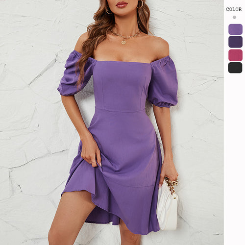 Damer Elegant Off-Shoulder Kjole med Voluminøse Puff Ermer og Asymmetrisk Snitt