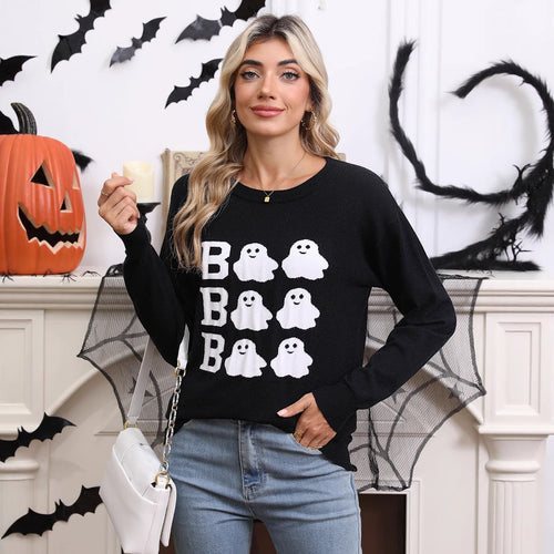 Kvinne Strikket Halloween Genser med Spøkelse Motiv og Løs Passform Skjora