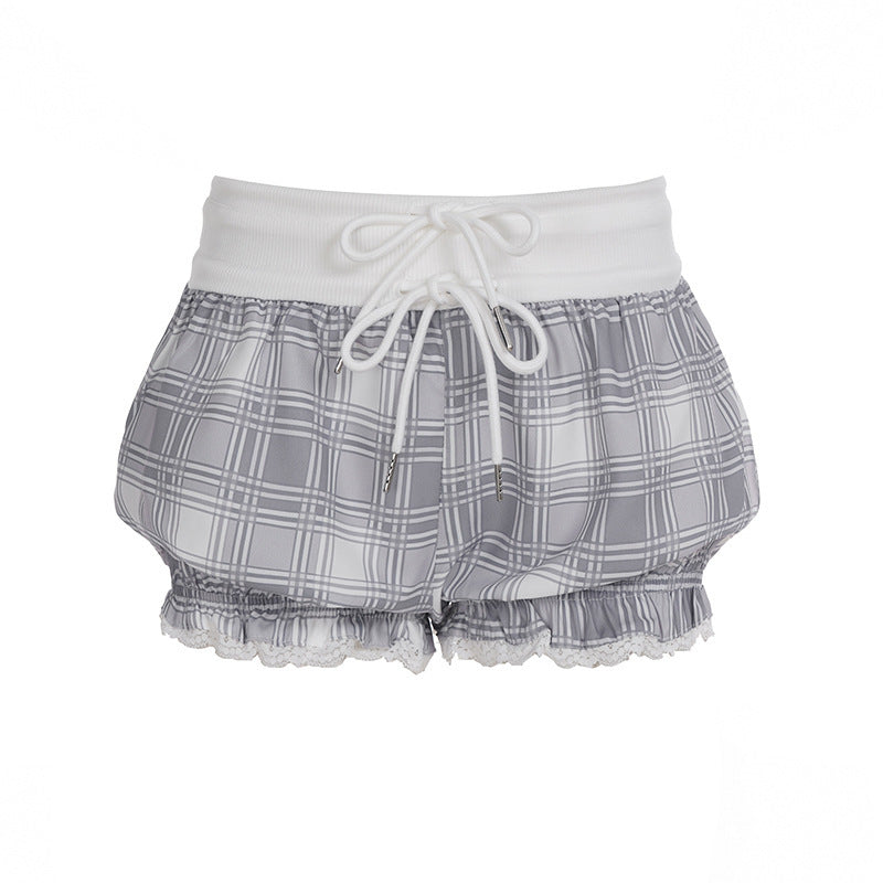 Dame stilige rutete stoff-pyjama-short med blonder og elastisk midje Skjora