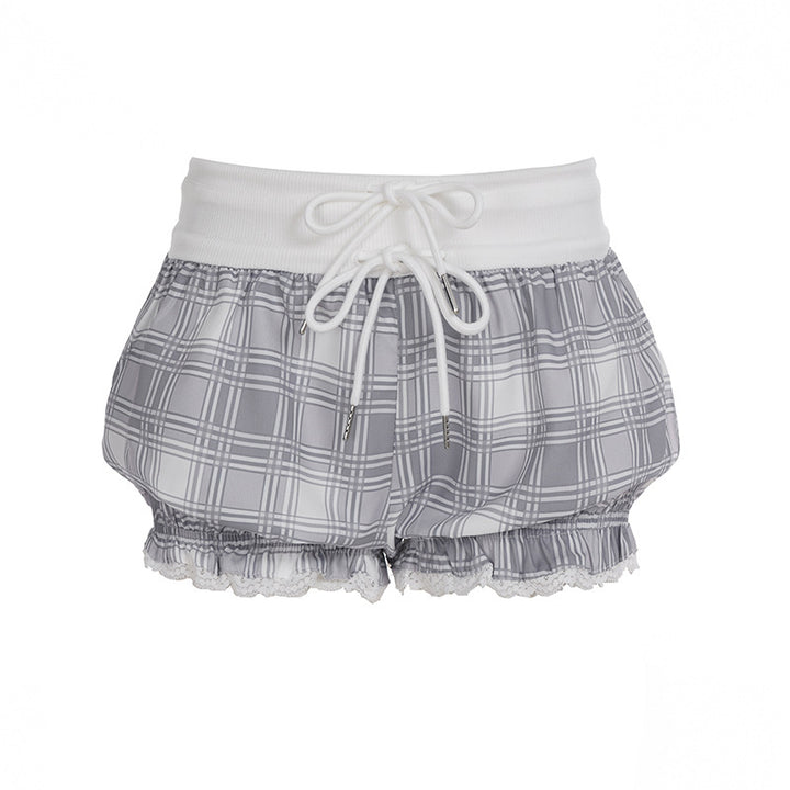 Dame stilige rutete stoff-pyjama-short med blonder og elastisk midje Skjora