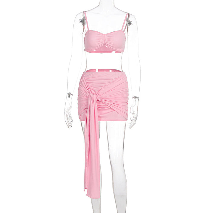 Dame Crop Top og Skjørt Sett med stilige rynkeelementer Skjora