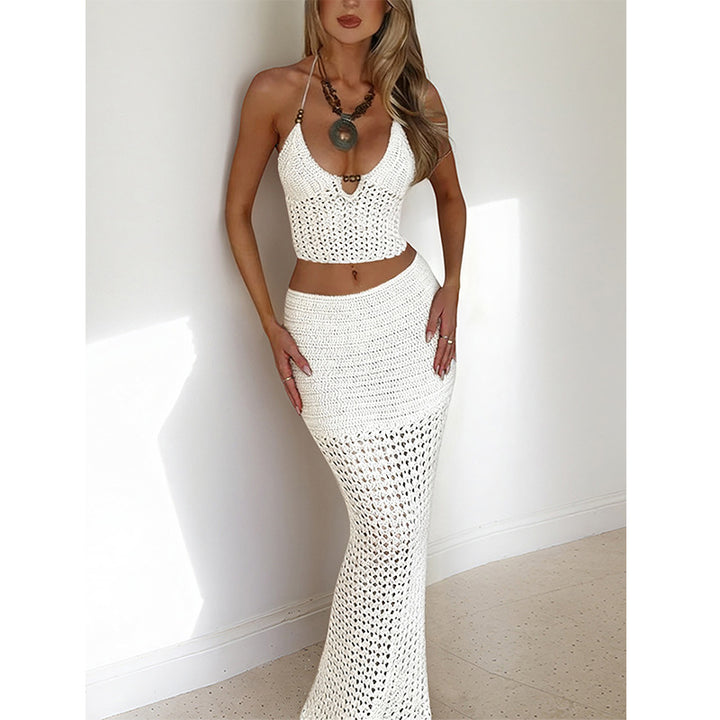 Damen Häkel-Maxikleid mit tiefem V-Ausschnitt und raffiniertem Schnitt Skjora