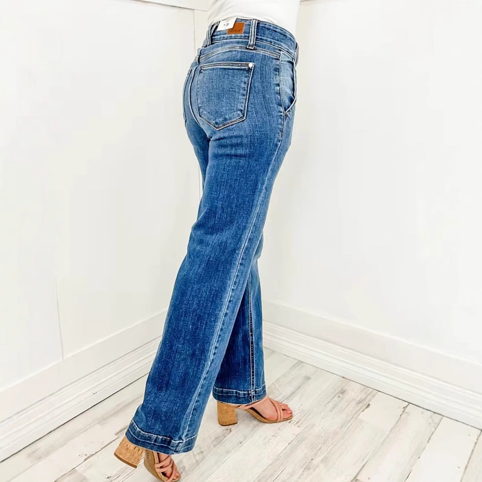 Kvinnelige vide ben jeans med høy midje og elegant sømdesign