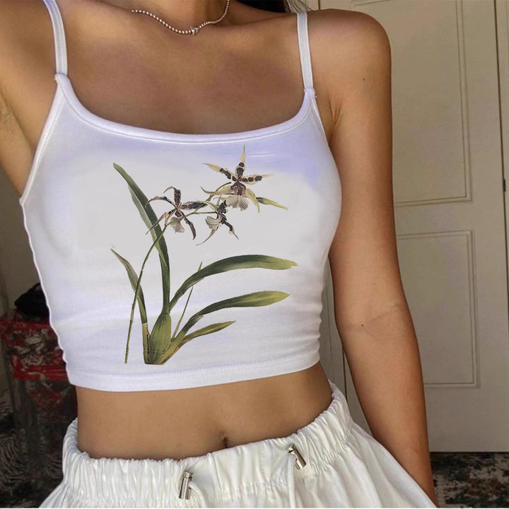 Women's Floral Pattern Crop Top with Thin Straps Skjora