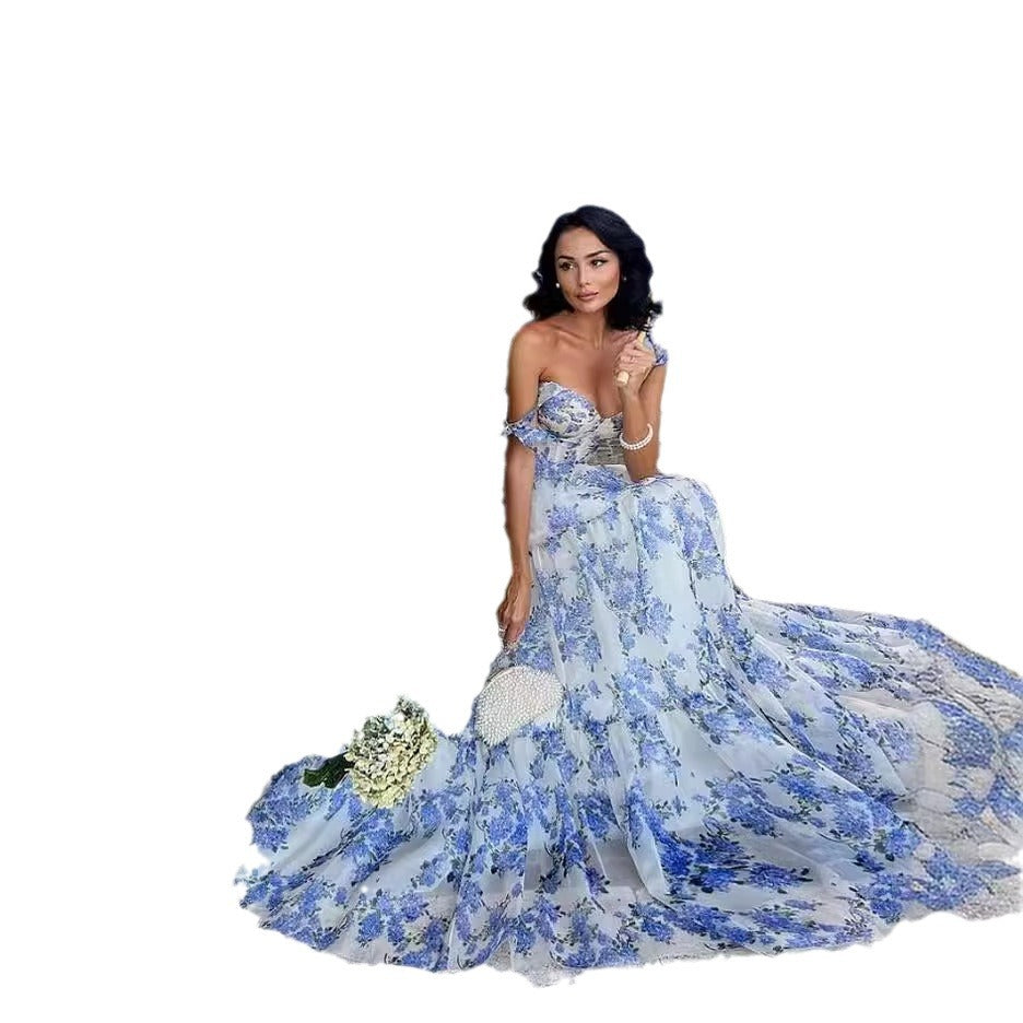 Damer Elegant Maxi Kjole med Blomster Chiffon og Utsvakt Skjørt Skjora