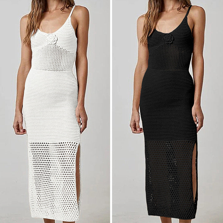 Damen Häkel-Strandkleid mit durchbrochenem Design und tiefem Schlitz Skjora