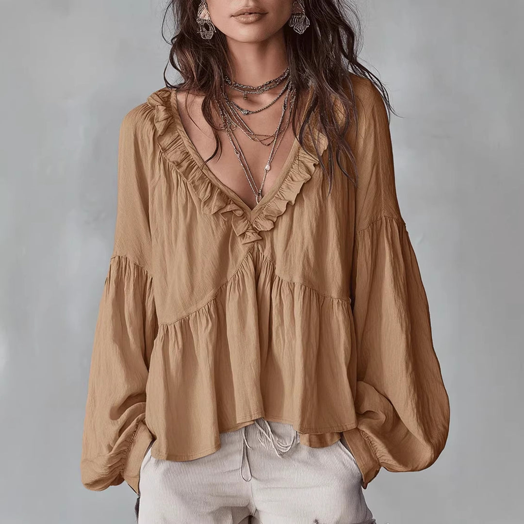 Women's Flowy Top with Ruched Detail and V-Neck Skirt