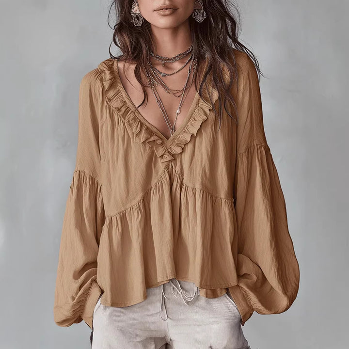 Women's Flowy Top with Ruched Detail and V-Neck Skirt