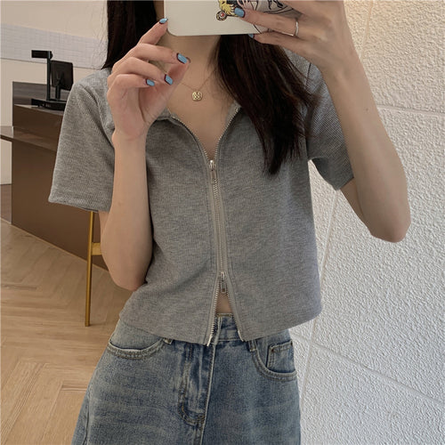 Kvinner Cropped Polo Shirt med Glidelås og Strukturert Finish Skjora