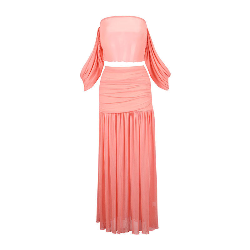 Dame maxikjole med elegant off-shoulder design og flytende stoff Skjora