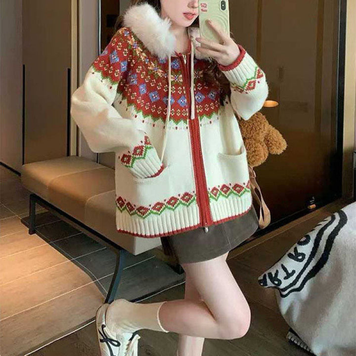 Dame cardigan med trendy norsk mønster og luksuriøs faux fur krage Skjora
