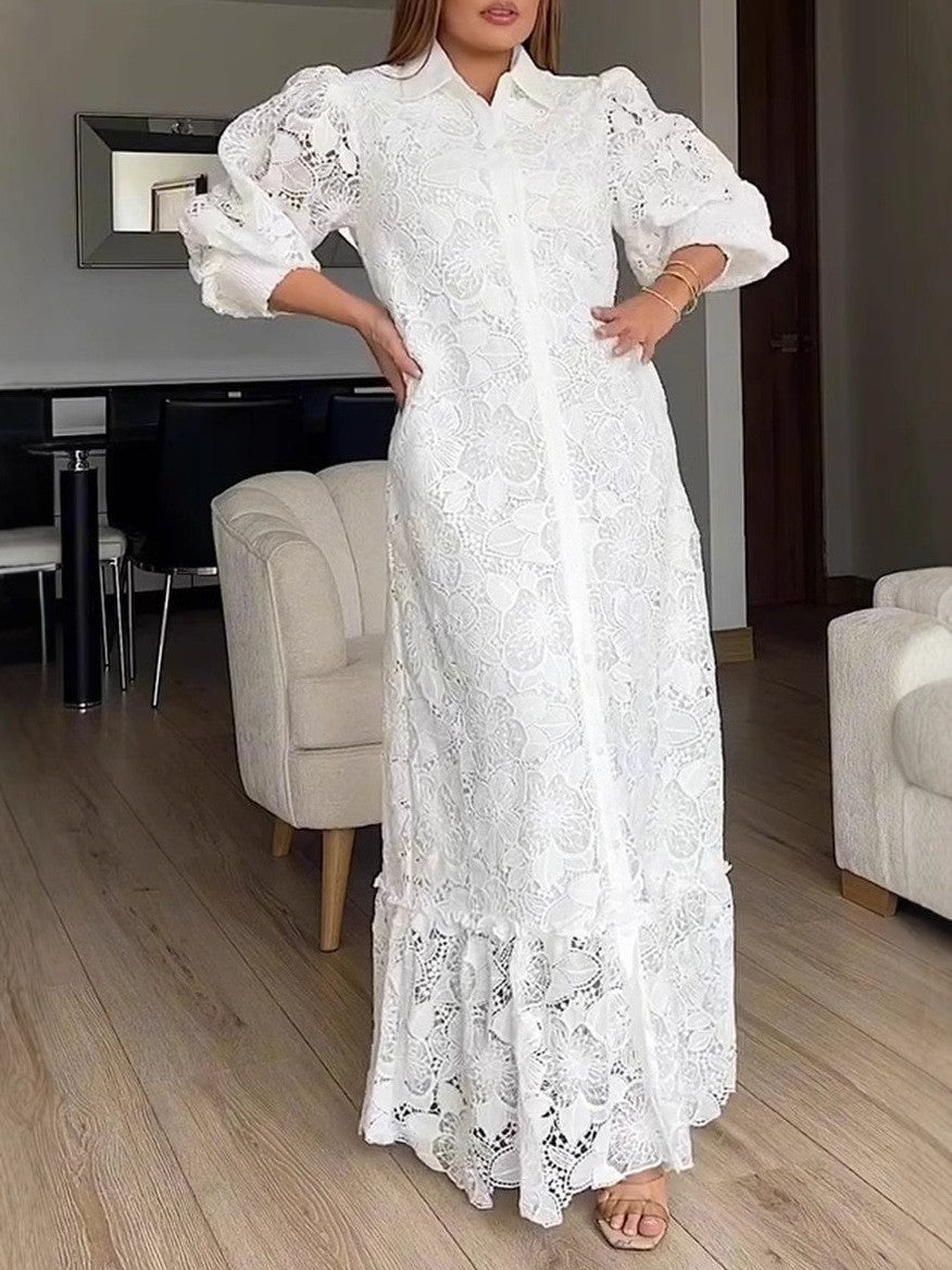 Kvinne Elegant Blonde Maxi Kjole med Voluminøse Ermer Skjora
