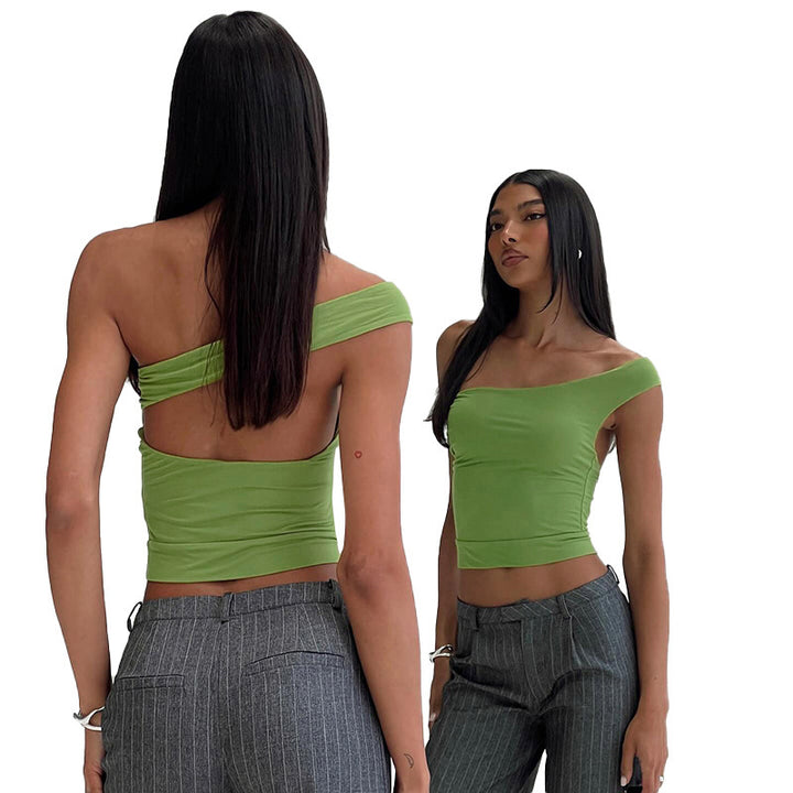 Dame trendy halterneck-top med elegant V-hals og figurskapende snitt Skjora