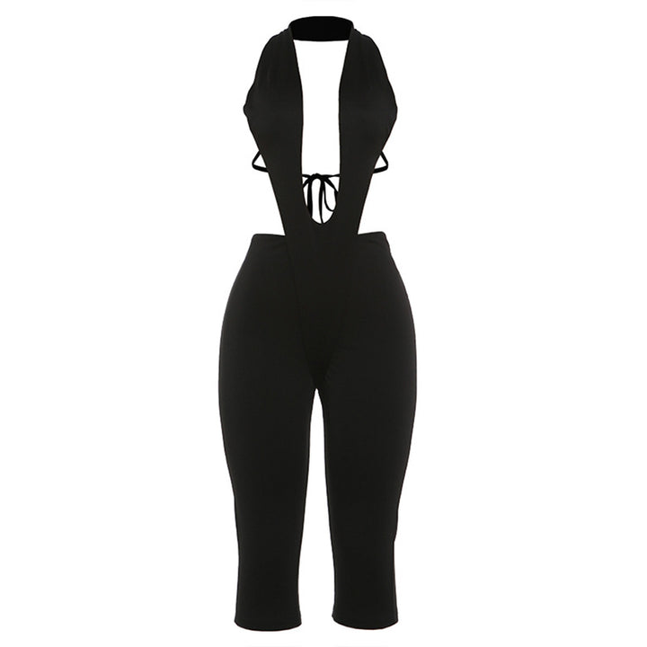 Damer figurnoende jumpsuit med dyp V-hals og belte