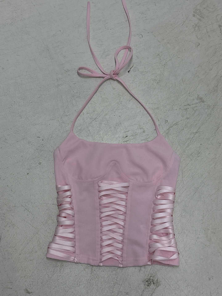 Dame Crop Top med dekorativt bånd og raffinerte volangdetaljer Skjora