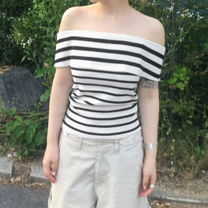 Dame Off-Shoulder topp med stripet design og bred krage Skjora