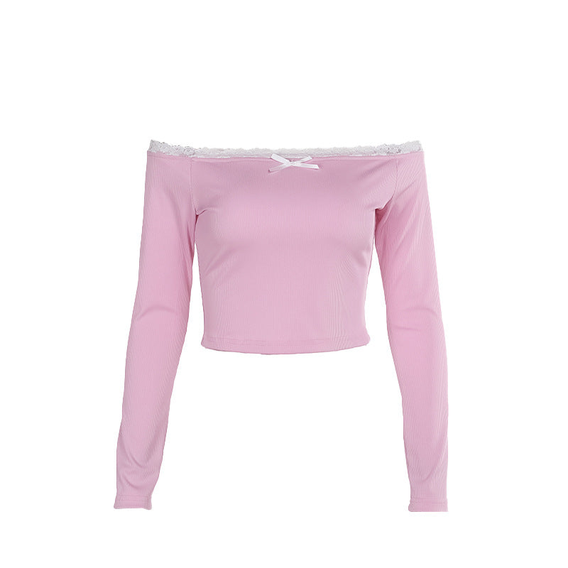 Dames Off-Shoulder Skjorte med Blonde Detaljer og Tettsittende Snitt