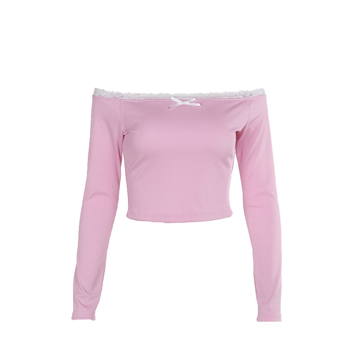 Dames Off-Shoulder Skjorte med Blonde Detaljer og Tettsittende Snitt