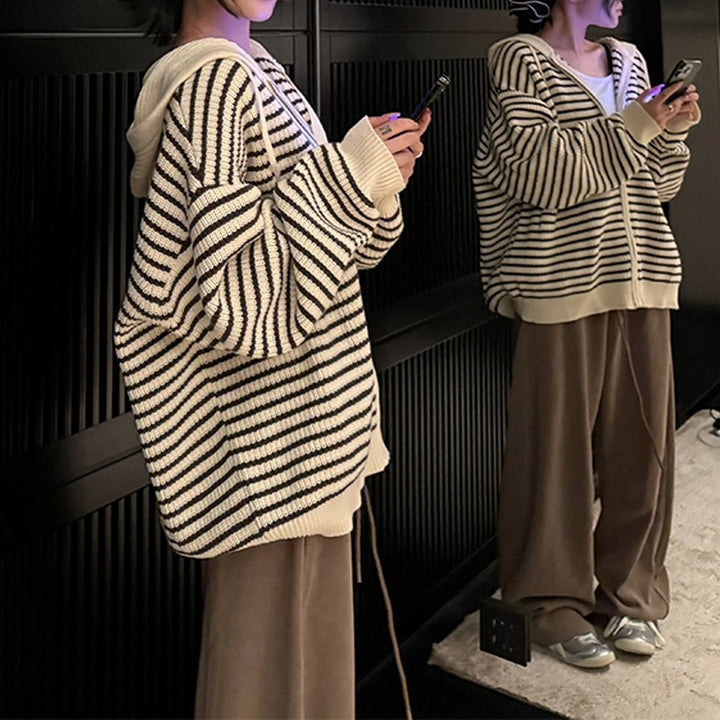 Dame Oversized Cardigan med Glidelås og Hette Skjora