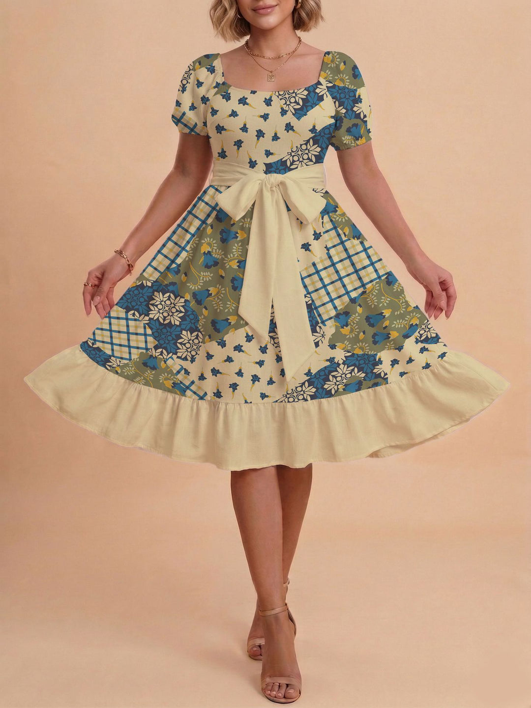 Damen Retro Maxikleid mit Puffärmeln und Taillengürtel Skjora