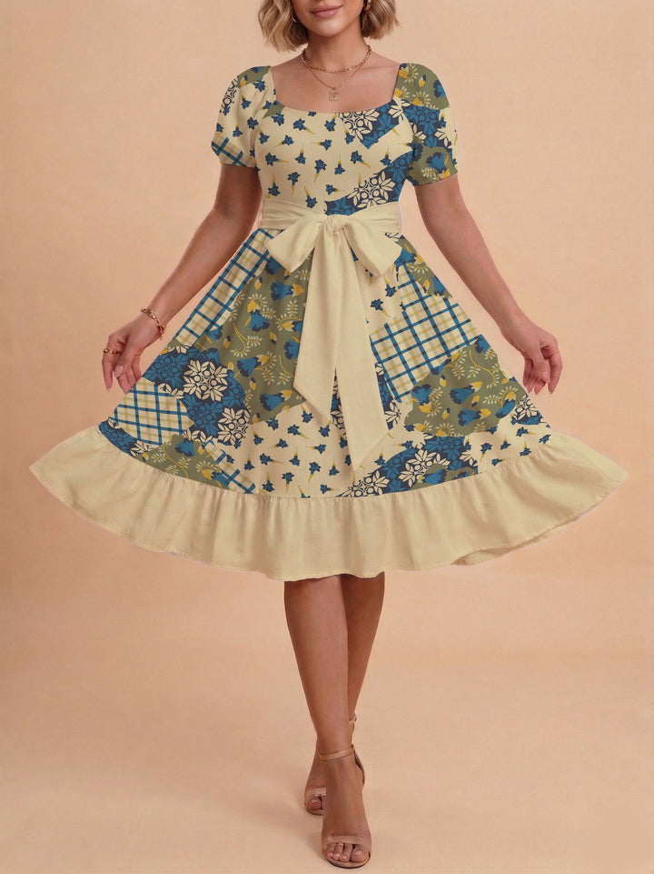 Damen Retro Maxikleid mit Puffärmeln und Taillengürtel Skjora