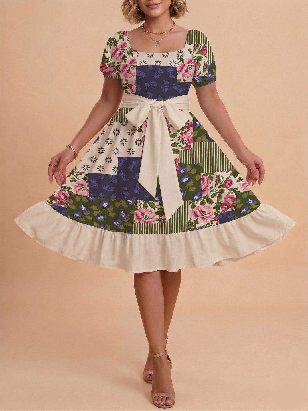 Damen Midikleid mit verspieltem Druck und tailliertem Schnitt Skjora