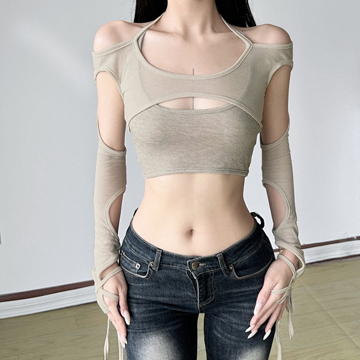 Dame Crop-Top med raffinerte volangdetaljer og langermet design Skjora