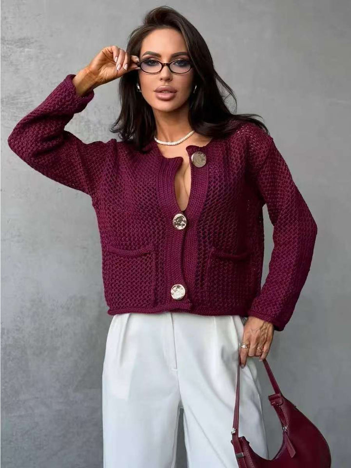 Damer mesh strikket cardigan med praktiske lommer og dekorative knapper Skjora