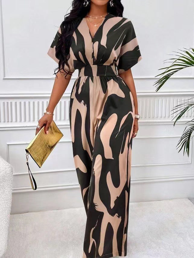 Dame Elegant Jumpsuit med stort mønster og V-hals Skjora