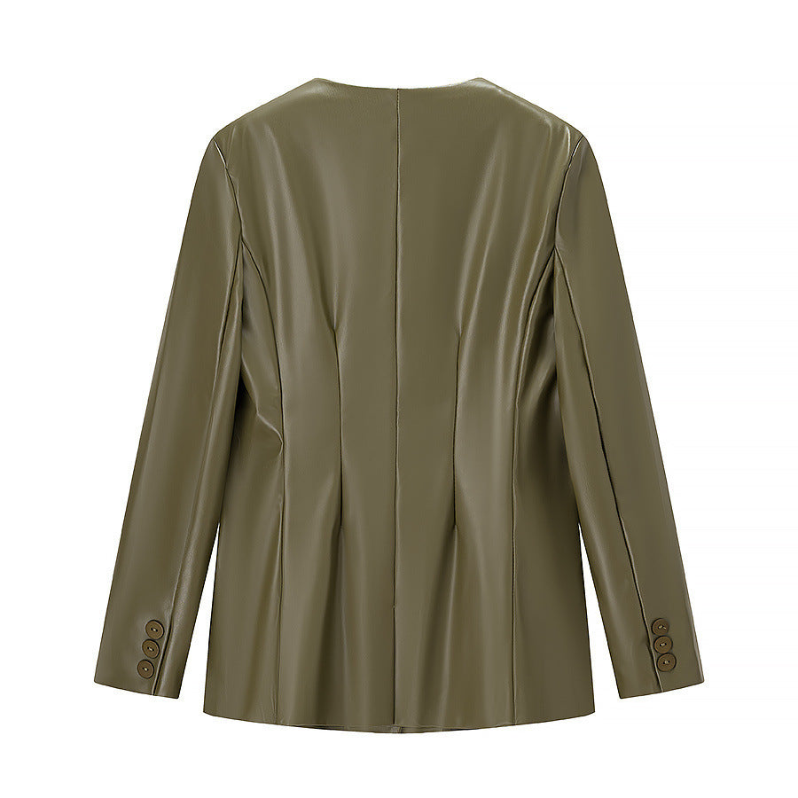 Dame Elegant Fusk Skinn Blazer Jakke med Moderne Snitt og Lommer Skjora