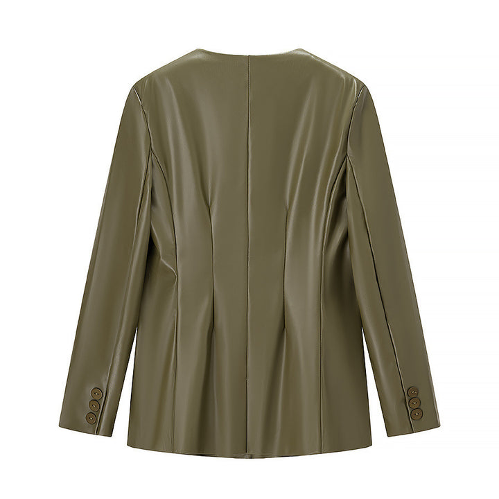 Dame Elegant Fusk Skinn Blazer Jakke med Moderne Snitt og Lommer Skjora