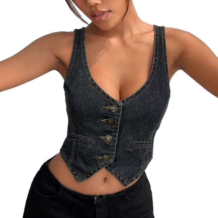 Dame Denim Bustier-Top med knappdetaljer og forlenget silhuett Skjora