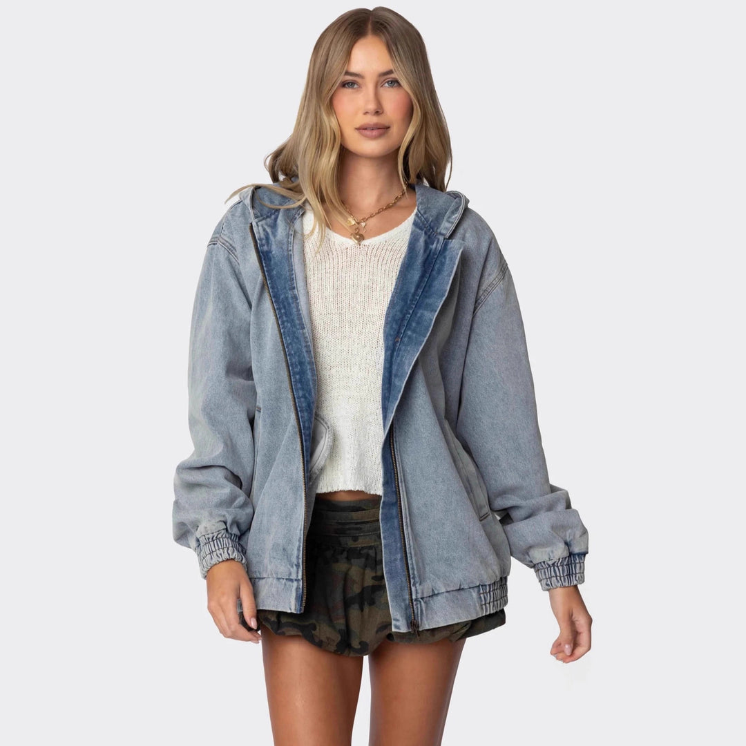 Dame Oversized Denimjakke med hette og elastiske mansjetter Skjora