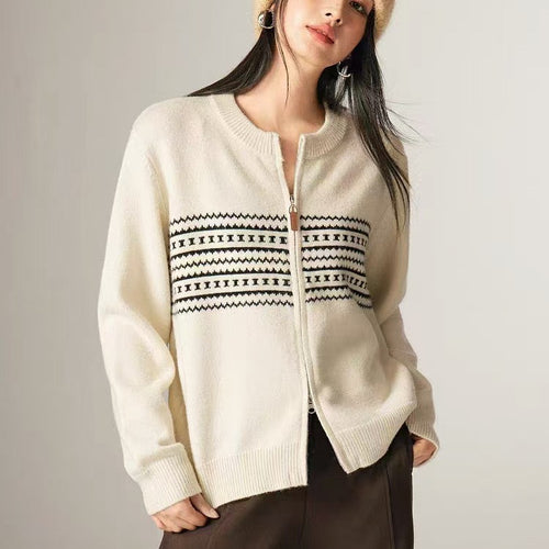 Dame cardigan med elegant glidelås og grafisk mønster Skjora