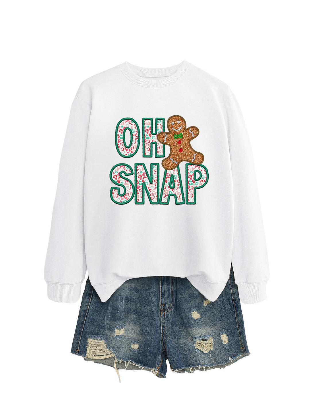 Dame sweatshirt med morsomt pepperkakemannmotiv og glitrende bokstaver Skjora