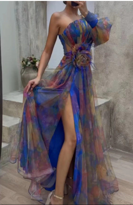 Damer Elegant Maxi Kjole med Asymmetrisk Design og Blomsterdetaljer Skjora