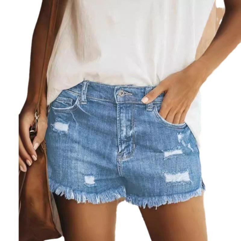Dame Destroyed Denim-shorts med frynset kant og avslappet snitt Skjora