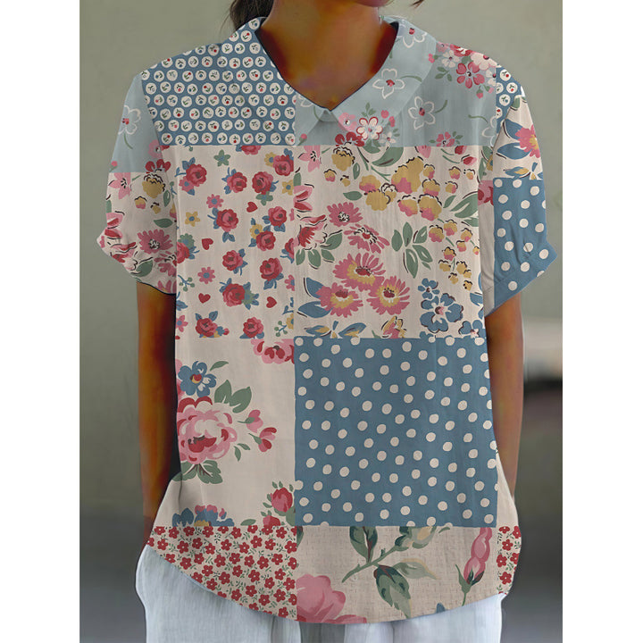 Dame kortermet bluse med florale accenter og klassisk krage Skjora