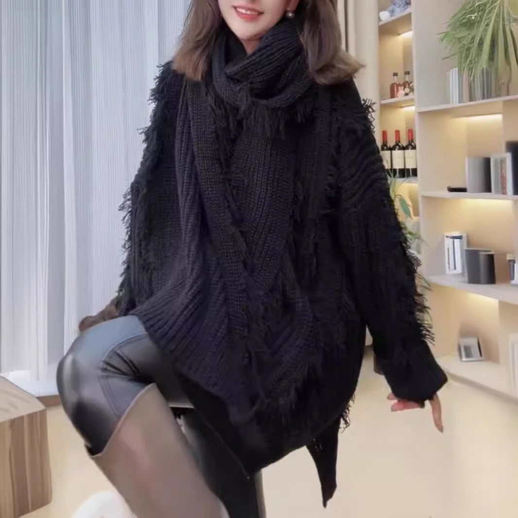 Kvinnes Oversized Strikkegenser med Frynser og V-hals Skjora