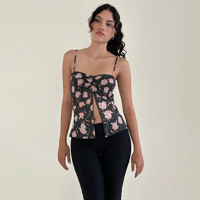 Kvinnelig cami topp med blomsterdesign og nostalgisk knyting Skjora