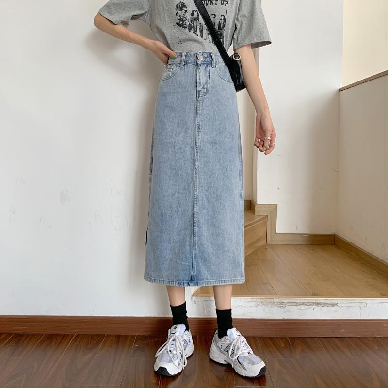 Dame Lang Denim Skjørt med Chic Splitt Skjora