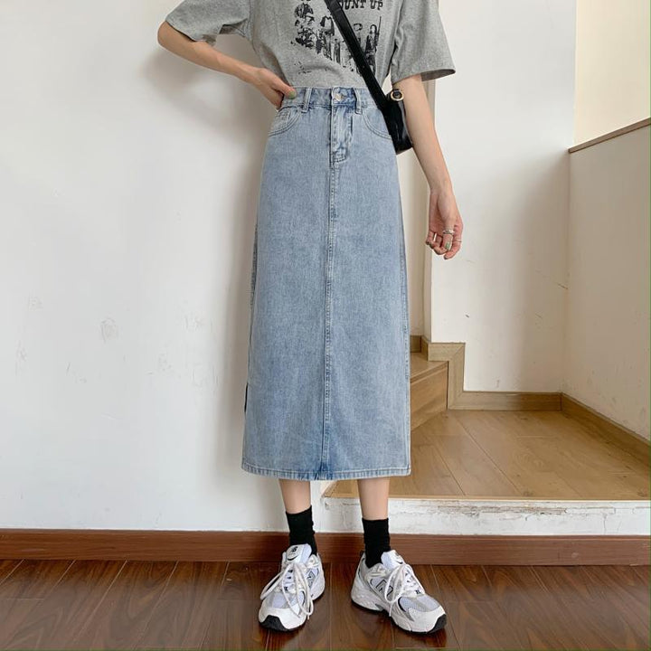 Dame Lang Denim Skjørt med Chic Splitt Skjora