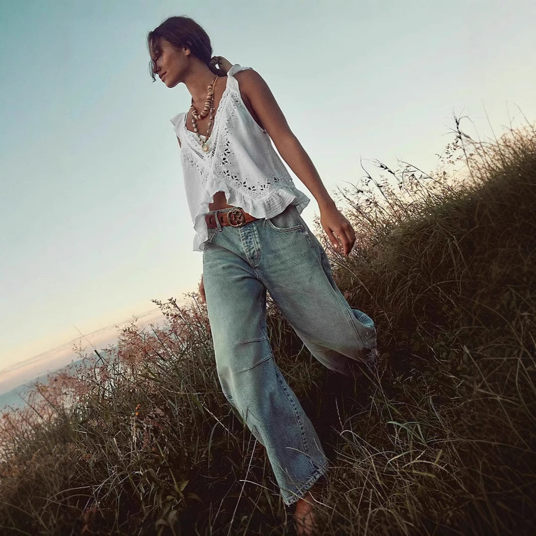 Dame luftig linne-crop-top med volanger Skjora